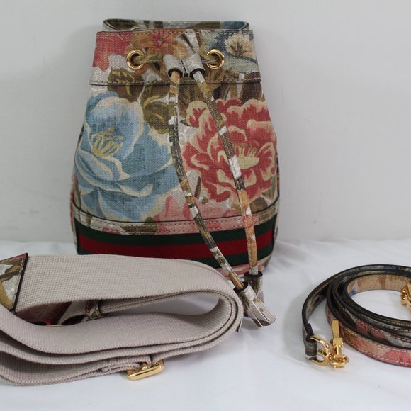 NEW Gucci Shoulder Bag Two Strap Ophidia GG Supreme Flora Web Jordaan Drawstring - Picture 1 of 14